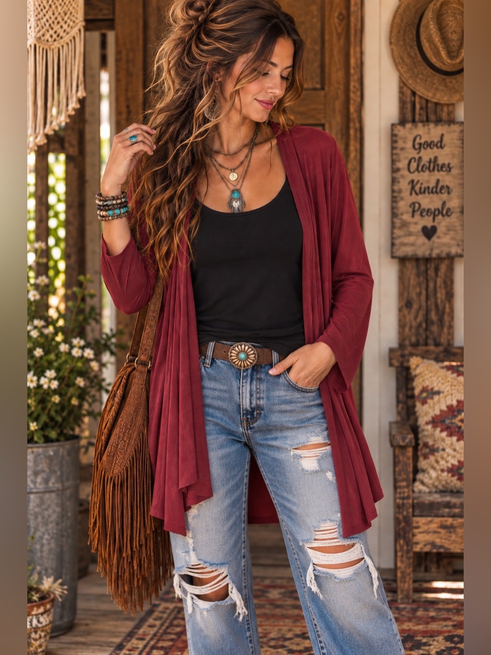 Boho Open Front Burgundy Cardigan